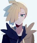  1boy ahoge bangs blonde_hair closed_mouth ear_piercing eyelashes gladion_(pokemon) green_eyes hair_over_one_eye highres hood hood_down hoodie looking_at_viewer male_focus piercing pokemon pokemon_(game) pokemon_sm short_hair signature solo tere_asahi upper_body 