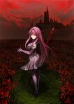  1girl armor back bodysuit breasts castle clouds cloudy_sky daeraeband expressionless fate/grand_order fate_(series) field flower gae_bolg_(fate) grass hair_intakes highres large_breasts long_hair looking_back nyamdol_(bonzon) outdoors pauldrons polearm purple_bodysuit purple_hair red_eyes red_sky scathach_(fate) shoulder_armor sky solo spear spider_lily very_long_hair weapon 