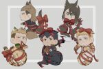  5boys animal_ears animal_feet animal_hands bertolt_hoover blonde_hair blush chibi dog_boy dog_ears dog_tail eren_yeager facial_hair gift_wrapping goatee highres jaguar_boy jaguar_ears jaguar_tail jean_kirchstein kemonomimi_mode long_hair male_focus multiple_boys older porco_galliard reiner_braun shingeki_no_kyojin short_hair sweatdrop tail tiger_boy tiger_ears tiger_tail zunkome 