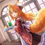  1girl animal_ear_fluff animal_ears apron bangs black_skirt blush brown_eyes chair commentary_request detached_sleeves eyebrows_visible_through_hair floral_print flower fox_ears fox_girl fox_tail frilled_skirt frills hair_between_eyes hair_flower hair_ornament hairclip highres holding holding_tray indoors iroha_(iroha_matsurika) japanese_clothes kimono long_hair long_sleeves looking_at_viewer looking_to_the_side melon_soda open_mouth orange_hair original pink_flower print_kimono print_sleeves skirt sleeveless sleeveless_kimono solo table tail tray twitter_username very_long_hair wa_maid white_apron wide_sleeves window yagasuri 