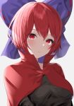  1girl absurdres anima_miko bangs bow cloak closed_mouth grey_background hair_bow highres looking_at_viewer purple_bow red_eyes redhead sekibanki short_hair simple_background solo touhou upper_body 