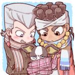  2boys black_coat blue_eyes blush boston_terrier brown_eyes chibi cloak coat dark-skinned_male dark_skin dog earrings facial_mark flattop grey_hair hands_in_pockets headband iggy_(jojo) jean_pierre_polnareff jewelry jojo_no_kimyou_na_bouken male_focus mohammed_avdol multiple_boys nattou_(nevanevaneva) plaid plaid_scarf scarf stardust_crusaders striped striped_scarf violet_eyes winter_clothes 