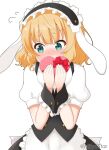  1girl animal_ears apron bangs black_hairband black_skirt blonde_hair blush box commentary_request covered_mouth eyebrows_visible_through_hair fake_animal_ears fleur_de_lapin_uniform flying_sweatdrops frilled_apron frilled_hairband frills gift gift_box gochuumon_wa_usagi_desu_ka? green_eyes hairband hands_up heart-shaped_box holding holding_gift kirima_sharo looking_away looking_to_the_side mitya nose_blush puffy_short_sleeves puffy_sleeves rabbit_ears shirt short_sleeves simple_background skirt solo twitter_username uniform waist_apron waitress white_apron white_background white_shirt wrist_cuffs 