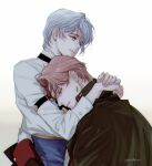  1boy arm_around_neck character_request comforting earrings fingernails frown gender_request gloves grey_eyes grey_hair head_on_another&#039;s_shoulder hug jewelry juneseo long_sleeves lord_of_heroes own_hands_together redhead sad shirt short_hair smile upper_body white_background white_gloves white_shirt 