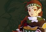  1girl ayda braid breasts brown_eyes brown_hair closed_mouth facial_mark gensou_suikoden gensou_suikoden_ii headband jewelry kamo_(soisoipor) lipstick long_hair looking_at_viewer makeup scar scarf solo 