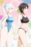  2girls ;p bangs banned_artist bare_shoulders bikini black_bikini black_hair blue_eyes blue_swimsuit breasts covered_navel english_commentary eyebrows_visible_through_hair highleg highleg_swimsuit highres holding_hands kimmy77 legs long_hair looking_at_viewer looking_to_the_side multicolored_background multiple_girls navel one-piece_swimsuit one_eye_closed parted_lips redhead ruby_rose rwby scar scar_across_eye short_hair side_ponytail small_breasts sports_bikini sports_bra stomach swept_bangs swimsuit thighs tongue tongue_out very_long_hair walking weiss_schnee white_hair yuri 