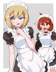  2girls :d alternate_costume apron arezu_(pokemon) bangs blonde_hair blue_eyes blush border breasts brown_dress brown_hair commentary_request cowlick dress enmaided eyebrows_visible_through_hair grey_background half-closed_eye hand_up headdress heart highres irida_(pokemon) kurachi_mizuki maid multiple_girls neck_garter open_mouth pokemon pokemon_(game) pokemon_legends:_arceus short_hair short_sleeves smile sweatdrop tongue white_apron white_border 