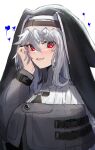  1girl :d @_@ arknights black_dress dress habit hand_on_own_cheek hand_on_own_face heart highres long_hair long_sleeves looking_at_viewer nun open_mouth raw_egg_lent red_eyes sharp_teeth silver_hair smile solo specter_(arknights) symbol-only_commentary teeth upper_body 