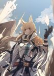  1girl absurdres animal_ears arknights armor belt black_gloves blonde_hair cape coat gloves highres horse_ears if_f nearl_(arknights) nearl_the_radiant_knight_(arknights) sky solo white_cape yellow_eyes 