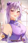  1girl :d absurdres armband bangs blurry blurry_background bow breasts chinese_clothes diamond-shaped_pupils diamond_(shape) dress genshin_impact hair_between_eyes hair_bow hair_cones hair_ornament highres indoors keqing_(genshin_impact) long_hair looking_at_viewer medium_breasts purple_bow purple_dress purple_hair round_window sleeveless smile symbol-shaped_pupils twintails twitter_username upper_body violet_eyes vision_(genshin_impact) window xhrp7772 