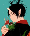  1boy 1girl black_hair eyeshadow hoozuki_(hoozuki_no_reitetsu) hoozuki_no_reitetsu horns japanese_clothes makeup oni_horns peach_maki short_hair underwater yasoji_(16321578) 