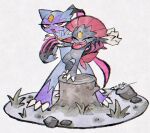  artist_name black_claws chest_jewel claws closed_eyes fangs forehead_jewel grass happy no_background no_humans open_mouth outstretched_arms pokemon pokemon_(creature) red_eyes sizma sketch smile sneasler standing tree_stump weavile 