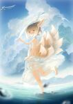  1girl animal animal_ears arknights backless_dress backless_outfit bangs bare_arms bare_shoulders barefoot bird blue_hairband blue_sky blurry blurry_foreground blush braid brown_hair clouds cloudy_sky commentary_request day depth_of_field dress eyebrows_visible_through_hair fox_ears fox_girl fox_tail hair_between_eyes hair_rings hairband hand_on_headwear hand_up hat highres kyuubi looking_at_viewer looking_to_the_side multicolored_hair multiple_tails outdoors parted_lips see-through sky soles solo standing standing_on_one_leg sun_hat suzuran_(arknights) tail twin_braids two-tone_hair water water_drop white_dress white_hair white_headwear widea7 yellow_eyes 