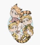  1boy age_progression animal_ears animal_feet animal_hands blonde_hair blush chibi child facial_hair goatee highres kemonomimi_mode marley_military_uniform paradis_military_uniform reiner_braun shingeki_no_kyojin short_hair smile tail tiger_boy tiger_ears tiger_tail zunkome 