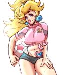  1girl ball black_shorts blonde_hair blue_eyes breasts concept_art crown earrings hand_on_own_thigh heart highres jewelry lipstick looking_at_viewer makeup mario_strikers:_battle_league mickeyn163 midriff pearl_earrings ponytail pose princess_peach royal shirt short_shorts shorts soccer soccer_ball solo sportswear super_mario_bros. super_mario_strikers tied_shirt 