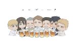  6+boys armin_arlert beer_mug bertolt_hoover blonde_hair blush buzz_cut chibi connie_springer cropped_torso cup eren_yeager facial_hair freckles grey_hair highres long_hair male_focus marco_bodt mug multiple_boys older reiner_braun shingeki_no_kyojin short_hair stubble thick_eyebrows translation_request very_short_hair zunkome 