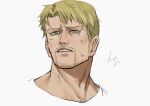  1boy bangs blonde_hair cropped_shoulders crying crying_with_eyes_open face facial_hair goatee highres long_sideburns looking_at_viewer male_focus reiner_braun shingeki_no_kyojin short_hair sideburns solo tears yellow_eyes zunkome 