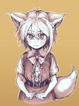  1girl animal_ears asymmetrical_hair bangs belt blush bow bowtie center_frills closed_mouth collared_shirt commentary_request cookie_(touhou) cowboy_shot dress eyebrows_visible_through_hair fang fang_out fox_ears fox_girl fox_tail frills hair_between_eyes highres looking_at_viewer medium_hair miramikaru_riran sepia shirt short_sleeves sidelocks simple_background sleeveless sleeveless_dress slit_pupils solo tail toteraba yellow_background 