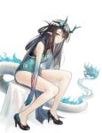  1girl adjusting_footwear arknights bare_legs bare_shoulders black_footwear black_hair breasts china_dress chinese_clothes closed_mouth commentary_request dragon dragon_horns dragon_tail dress dusk_(arknights) earrings eyebrows forehead full_body green_dress high_heels highres horns jewelry long_hair looking_at_viewer looking_to_the_side official_alternate_costume pointy_ears red_eyes simple_background sitting solo tail takaaaa white_background 