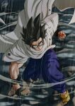  1boy black_eyes black_hair black_wristband cape clenched_hands commentary_request debris dougi dragon_ball dragon_ball_super dragon_ball_super_super_hero frown glasses highres kakeru_(dbskakeru) looking_at_viewer male_focus muscular muscular_male pants purple_pants rain rubble serious shoes signature solo son_gohan spiky_hair wet wet_clothes wet_hair white_cape wristband yellow_footwear 