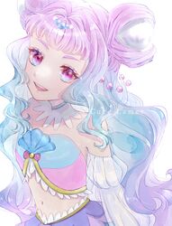  1girl :d absurdres ap_(pixiv74197750) bangs blue_hair character_name choker cure_la_mer detached_sleeves floating_hair gradient_hair hair_ornament highres long_hair long_sleeves looking_at_viewer midriff multicolored_hair navel pink_eyes pink_hair precure shiny shiny_hair smile solo stomach strapless tropical-rouge!_precure very_long_hair white_choker white_sleeves 