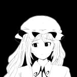  1girl black_background collared_dress greyscale hat maribel_hearn mob_cap monochrome no_nose solo_focus sweat touhou 