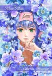  1girl bangs blue_flower blue_hair blush brown_sweater character_name copyright_name dated eyebrows_behind_hair flower green_eyes hair_intakes hairband highres ichigo_jam klan_klein light_smile looking_at_viewer macross macross_frontier parted_lips pink_hairband purple_flower solo sweater 