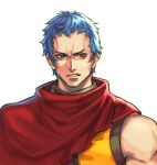  1boy annoyed bangs blue_hair brown_jacket cape commentary highres jacket k9999 kthovhinao_virmi male_focus multicolored_clothes multicolored_jacket orange_eyes parted_lips red_cape short_hair simple_background solo the_king_of_fighters upper_body white_background yellow_jacket 