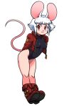  1girl animal_ears arms_behind_back bare_legs black_leotard boots breasts covered_navel eyebrows_visible_through_hair full_body highleg highleg_leotard jacket leaning_forward leotard medium_breasts mouse_ears mouse_girl mouse_tail n_mossi open_clothes open_jacket original red_eyes red_footwear red_jacket short_hair simple_background smile solo standing tail tareme white_background zipper 