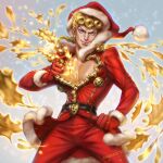  1boy belt blonde_hair braid braided_ponytail christmas giorno_giovanna gloves green_eyes hat jacket jojo_no_kimyou_na_bouken lips long_hair long_sleeves looking_at_viewer pants rakavka red_gloves red_jacket red_pants santa_costume santa_hat smile solo vento_aureo 