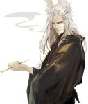  1boy animal_ears arknights beard black_robe braid facial_hair hellagur_(arknights) kiseru looking_at_viewer male_focus old old_man pipe simple_background smoking standing white_background white_hair wide_sleeves yellow_eyes yuguyugu89 