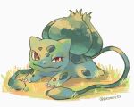  bright_pupils bulbasaur claws closed_mouth commentary_request fangs fangs_out full_body kotone11152 lying no_humans on_stomach plant pokemon pokemon_(creature) red_eyes smile solo twitter_username vines white_background white_pupils 