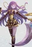  1girl android bangs blunt_bangs closed_eyes duel_monster elbow_gloves feet_out_of_frame floating_hair galatea_the_orcust_automaton gloves hair_ornament holding holding_sword holding_weapon ishii_(young-moon) kneehighs long_hair outstretched_arms purple_hair single_bare_shoulder single_elbow_glove single_kneehigh single_thighhigh smile solo spread_arms sword thigh-highs weapon yu-gi-oh! 