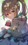  1girl absurdres ahoge berry bird blurry blush brown_cape brown_capelet brown_cloak brown_eyes brown_hair cape capelet cloak cup dappled_sunlight depth_of_field drinking_straw friend_(nanashi_mumei) gloves hair_ornament hairclip haru_(watari0131) hieroglyphics highres hololive hololive_english hood juice leaf multicolored_hair nanashi_mumei owl partially_fingerless_gloves ponytail runes streaked_hair sunlight thigh-highs thigh_strap tree_shade virtual_youtuber 