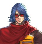  1boy bangs blue_hair brown_jacket cape commentary goggles highres jacket krohnen kthovhinao_virmi male_focus medium_hair multicolored_clothes multicolored_jacket orange-tinted_eyewear parted_lips red_cape red_goggles simple_background solo the_king_of_fighters the_king_of_fighters_xv tinted_eyewear upper_body white_background yellow_jacket 