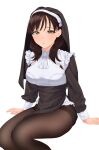  1girl absurdres amane_a_(007_uiro) black_hair black_legwear breasts frills highres long_hair looking_at_viewer mole mole_under_eye nun original pantyhose simple_background sitting solo thighband_pantyhose veil white_background yellow_eyes 