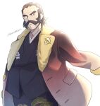  1boy black_kimono brown_coat closed_mouth coat coat_on_shoulders commentary_request facial_hair grey_hair japanese_clothes kamado_(pokemon) kimono logo looking_at_viewer looking_down male_focus momoji_(lobolobo2010) mustache pokemon pokemon_(game) pokemon_legends:_arceus short_hair simple_background solo twitter_username white_background 