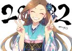  1girl alternate_costume artist_name asymmetrical_bangs background_text bangs blue_kimono closed_eyes commentary_request double_v earrings facing_viewer floral_print furisode grin hair_ornament hidakanami highres japanese_clothes jewelry katarina_claes kimono long_hair long_sleeves new_year obi otome_game_no_hametsu_flag_shika_nai_akuyaku_reijou_ni_tensei_shite_shimatta print_kimono sash signature smile solo upper_body v wide_sleeves 