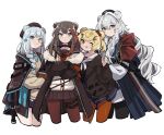  4girls ;q animal_ears arknights bear_ears bear_girl blonde_hair blue_eyes blue_hair book brown_coat brown_hair candy_hair_ornament coat crossed_arms dress food-themed_hair_ornament gummy_(arknights) hair_ornament heterochromia highres istina_(arknights) licking_lips long_hair looking_at_viewer monocle multicolored_hair multiple_girls neckerchief one_eye_closed orange_eyes orange_legwear pantyhose pink_eyes redhead rosa_(arknights) sailor_collar sailor_dress short_hair silver_hair simple_background smile streaked_hair tongue tongue_out two-tone_hair vegetable_noda white_background white_neckerchief white_sailor_collar zima_(arknights) 