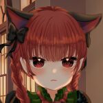  1girl animal_ears ao_orin_ringo bangs black_bow bow braid cat_ears extra_ears eyebrows_visible_through_hair face hair_bow kaenbyou_rin light_frown night outdoors parted_lips pointy_ears portrait raised_eyebrows red_eyes redhead solo touhou twin_braids twintails 