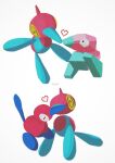  01coil affectionate closed_eyes evolutionary_line heart highres kiss no_humans pokemon pokemon_(creature) porygon porygon-z porygon2 signature simple_background symbol-only_commentary white_background 