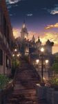  building clouds cloudy_sky commentary_request dusk fantasy highres lantern no_humans original outdoors scenery signature sky stairs waisshu_(sougyokyuu) 