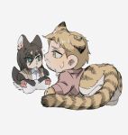  animal_ears animal_feet animal_hands blonde_hair blush character_doll chibi dog_boy dog_ears dog_tail ear_down eren_yeager facial_hair goatee highres kemonomimi_mode reiner_braun scared shingeki_no_kyojin short_hair solo sweatdrop tail tiger_boy tiger_ears tiger_tail zunkome 