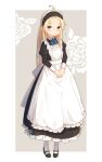 1girl absurdres ahoge apron bangs black_dress black_footwear black_hairband blonde_hair blue_bow blue_eyes blush bow closed_mouth collared_dress coreytaiyo dated dress floral_background flying_sweatdrops forehead frilled_apron frilled_dress frilled_hairband frills grey_background hairband highres juliet_sleeves long_hair long_sleeves maid maid_apron original own_hands_together pantyhose parted_bangs puffy_sleeves rose_background shoes signature solo two-tone_background very_long_hair white_apron white_background white_legwear 