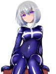 1girl black_bodysuit bodysuit breasts bright_pupils eyebrows_visible_through_hair grey_hair impossible_bodysuit impossible_clothes latex latex_bodysuit looking_at_viewer medium_breasts original rethnick shiny shiny_clothes short_hair skin_tight smile solo violet_eyes 