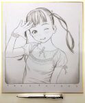 1girl absurdres bangs border bracelet bunny_hair_ornament camisole english_text floating_hair greyscale hair_ornament hand_up highres jewelry long_hair looking_at_viewer mechanical_pencil monochrome murata_range one_eye_closed original parted_lips pencil ribbon salute shikishi shirt short_sleeves smile solo traditional_media twintails upper_body 