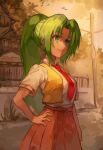  1girl closed_mouth collared_shirt green_eyes green_hair hair_intakes hand_on_hip higurashi_no_naku_koro_ni long_hair looking_up nasubin_(user_tjyp5584) necktie open_clothes open_vest orange_skirt outdoors pleated_skirt ponytail red_necktie school_uniform shirt short_sleeves skirt smile solo sonozaki_mion standing very_long_hair vest white_shirt wing_collar yellow_vest 