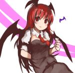  1860_(ichi) 1girl adapted_costume arm_behind_back bangs bat bat_wings black_skirt black_vest blush breasts bright_pupils detached_collar eyebrows_visible_through_hair hand_up head_wings koakuma light_smile long_hair looking_to_the_side medium_breasts necktie parted_lips puffy_short_sleeves puffy_sleeves red_eyes red_necktie red_pupils redhead short_sleeves simple_background skirt solo touhou upper_body very_long_hair vest white_background wing_collar wings 