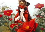  1girl absurdres black_hair black_headwear breasts cape convenient_arm family_crest fate/grand_order fate_(series) field flower flower_field hat highres koha-ace long_hair naked_cape oda_nobunaga_(fate) oda_nobunaga_(koha-ace) oda_uri peaked_cap red_cape red_eyes red_flower small_breasts solo very_long_hair zuihou_de_miao_pa_si 