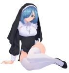  1girl absurdres amane_a_(007_uiro) black_footwear blue_hair breasts cross cross_necklace frills green_eyes hair_over_one_eye high_heels highres jewelry looking_at_viewer medium_hair necklace nun original simple_background sitting solo thigh-highs veil white_background white_legwear yokozuwari 